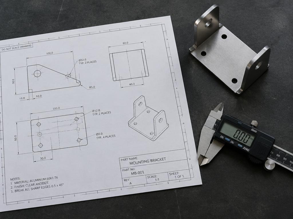 Desenho técnico ao lado de peça metálica e paquímetro