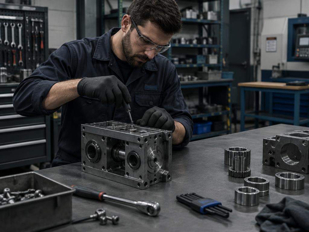 Técnico montando componentes metálicos em bancada